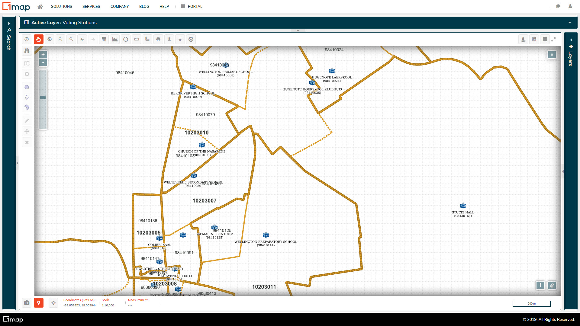 A screenshot of the IEC Voting Stations, Wards, and Districts layer.